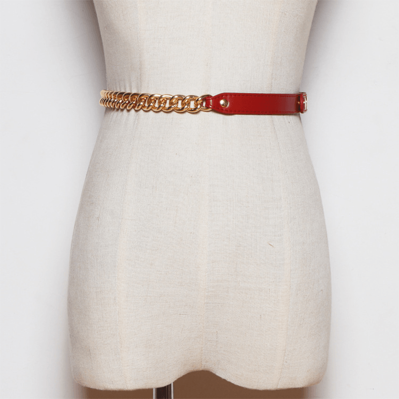 Metal Chain Stitching PU Leather Belt Female Wild Belt Decoration Dress Shirt Waist Chain - MRSLM