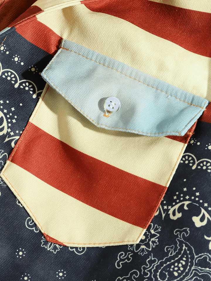 Mens Ethnic Style Print Stripe Vintage Hooded Shirt Jacket - MRSLM