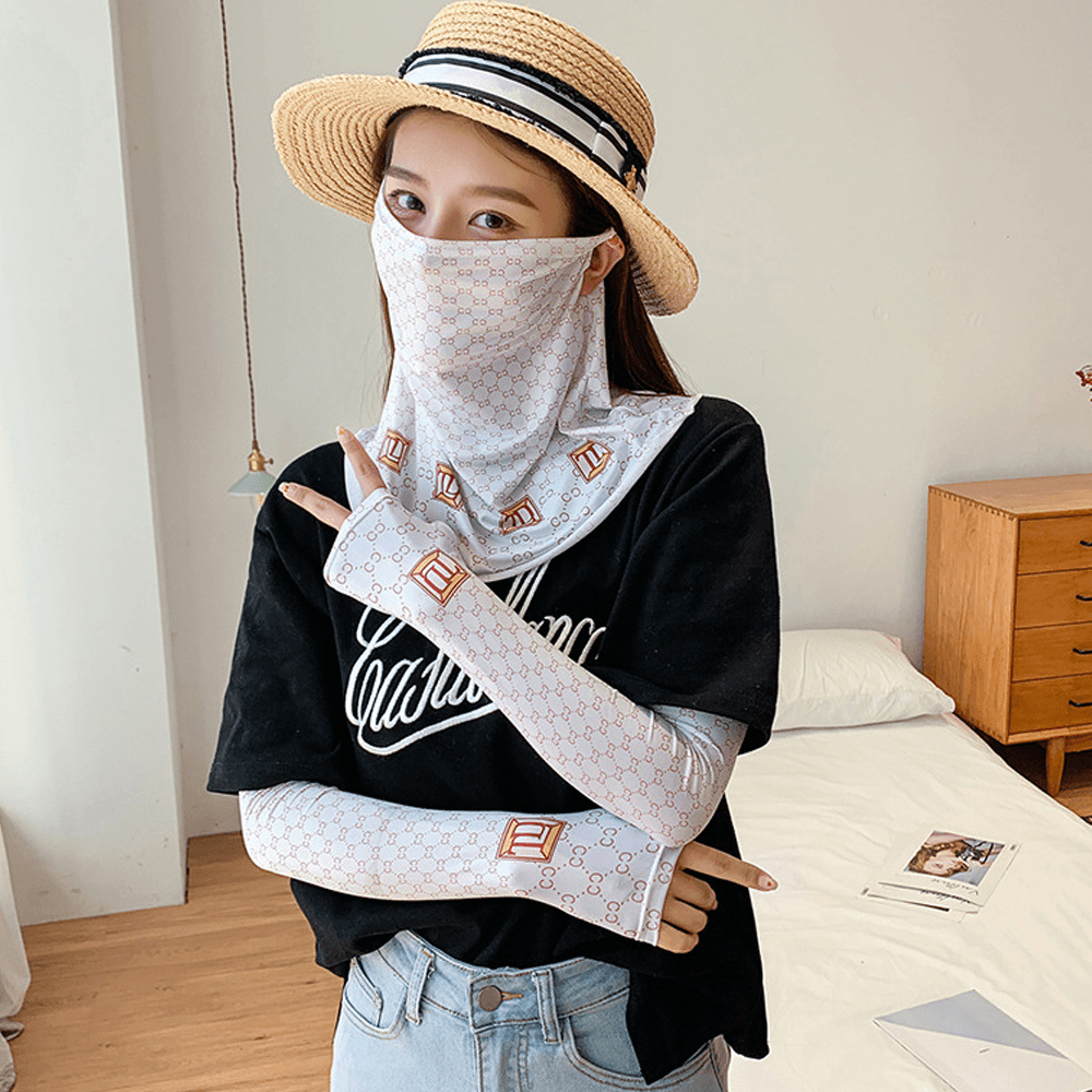 Women Sunscreen Summer Outdoor Ice Silk Hand Sleeve Arm Guard Sleeve Breathable Cover Face Veil Mask - MRSLM