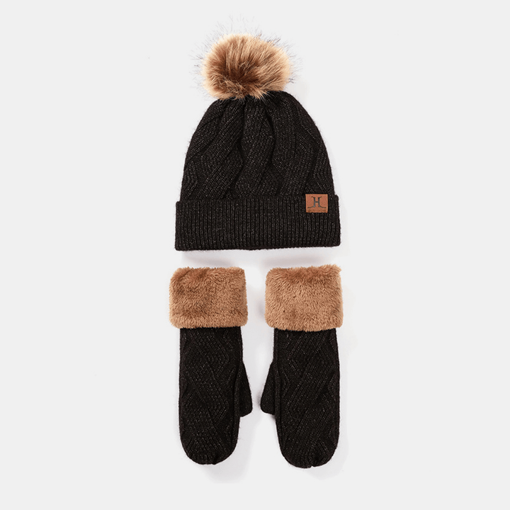 Women 2PCS Wool plus Thicken Warm Winter Outdoor Knitted Gloves Knitted Hat with Fluff Ball - MRSLM