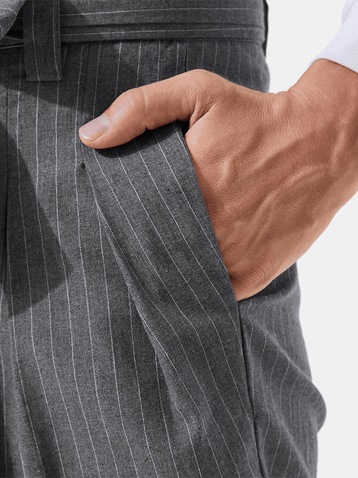 Men Cotton Design Striped Belted Pockets Casual Pants - MRSLM