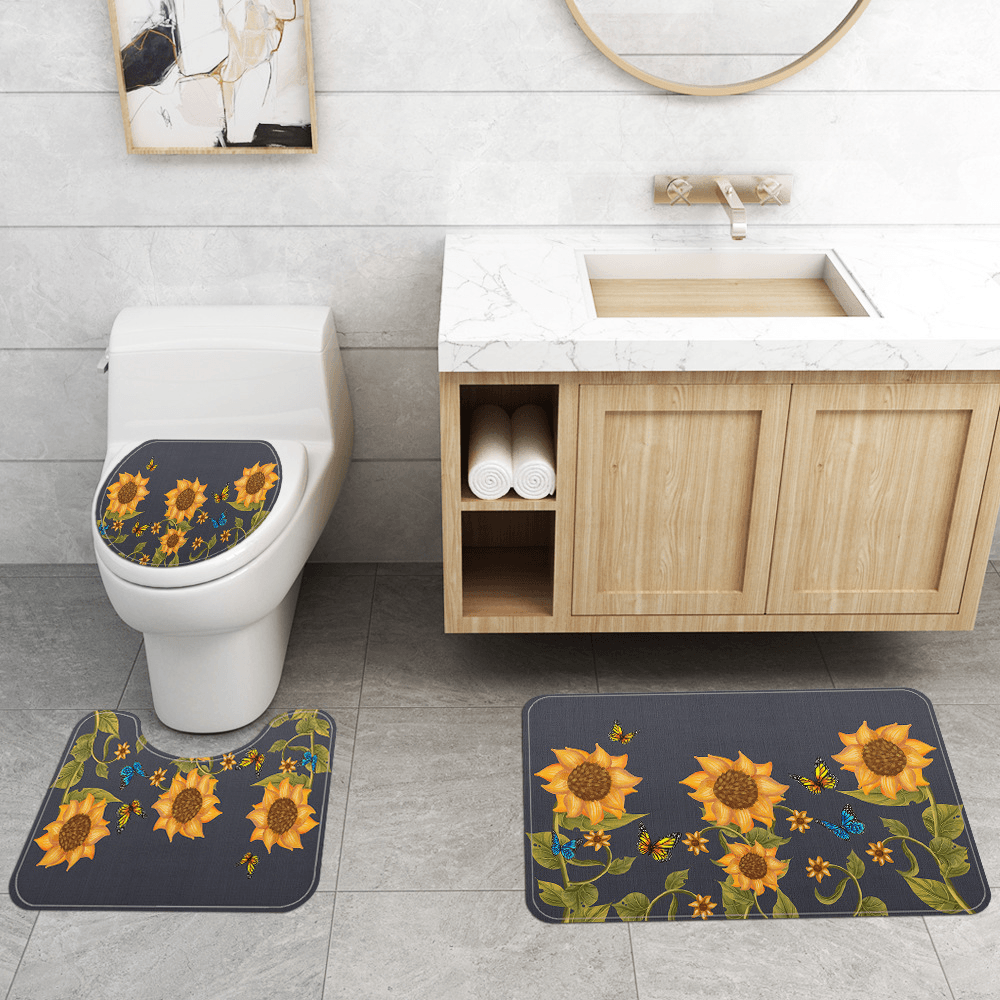 Sunflower Style Waterproof Toilet Seat Cover Shower Curtain Non Slip Rug - MRSLM