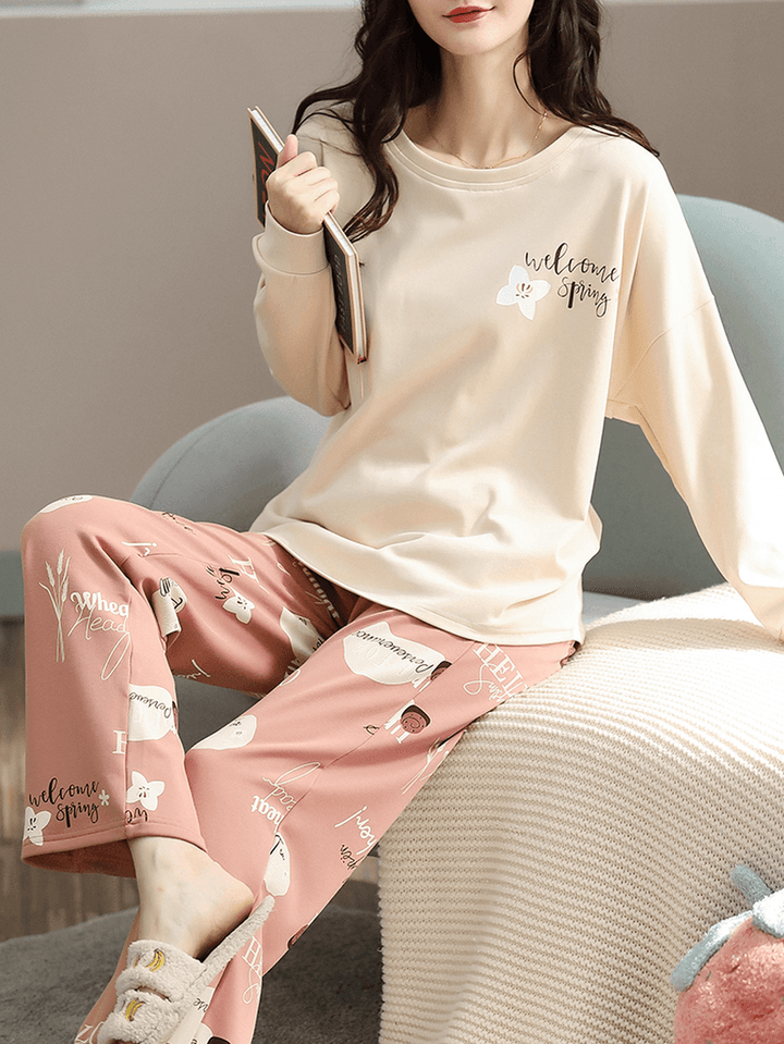 Plus Size Women Floral & Letter Print V-Neck Long Sleeve Home Casual Pajama Set - MRSLM