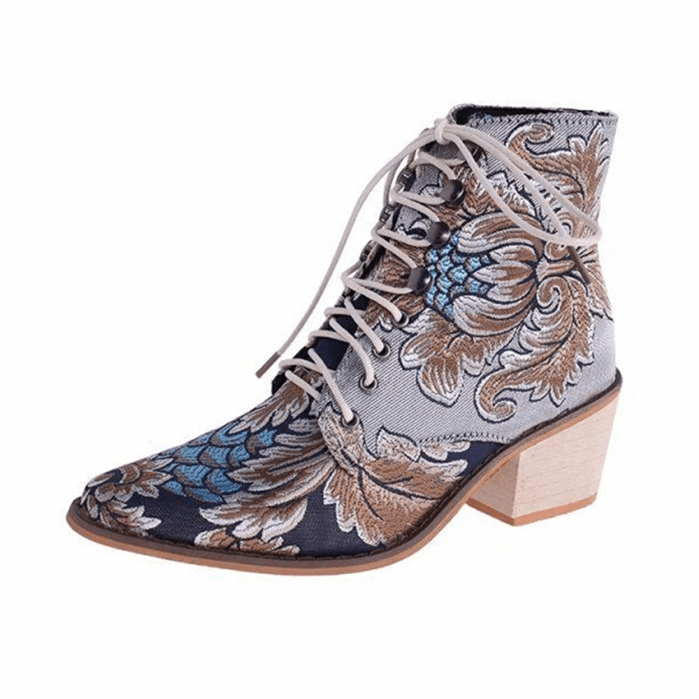 Women Pointed Toe Embroideried Lace up Block Boots - MRSLM