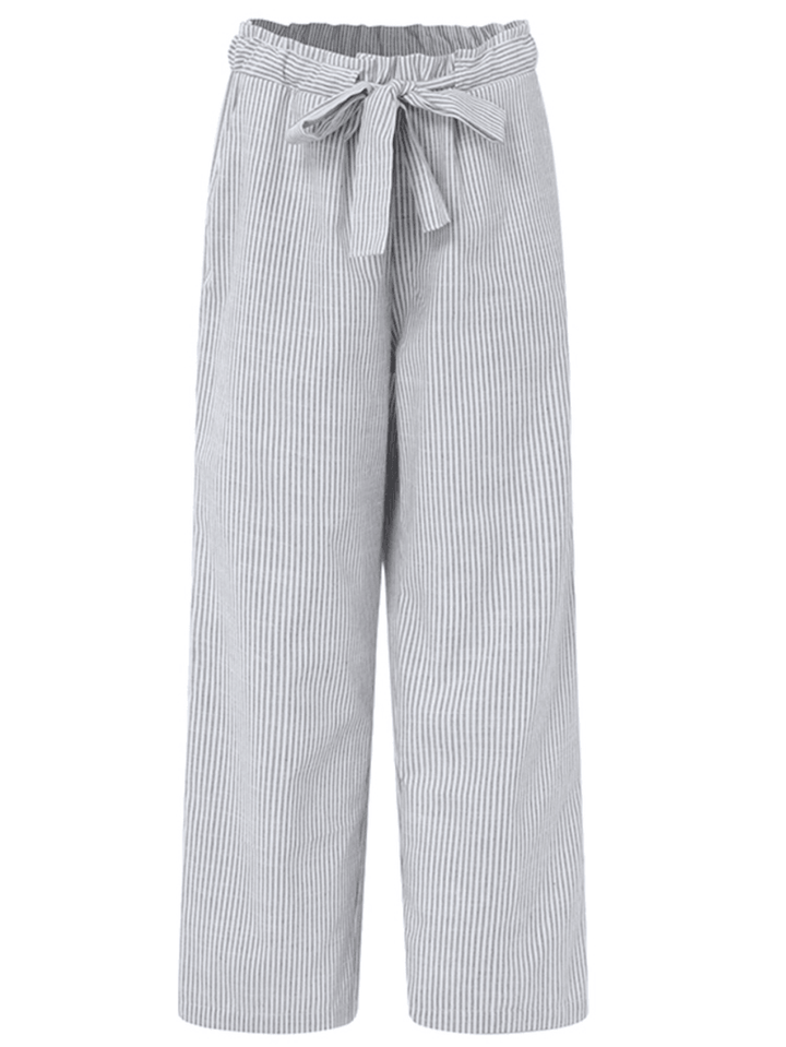Women Stripe Drawstring Belted Side Pocket Plain Casual Pants - MRSLM