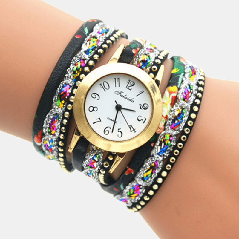 Deffrun Vintage Colorful Printing Women Bracelet Watch Multi-Layer Metal Rhinestone PU Quartz Watch - MRSLM