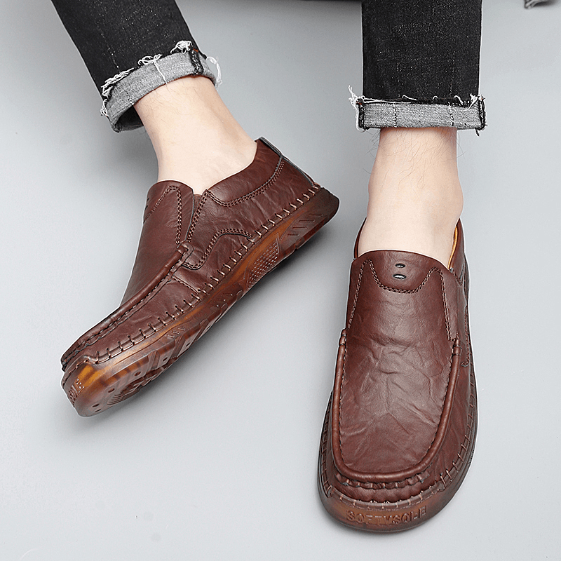 Menico Men Cowhide Breathable Hand Stitching Soft Sole Slip on Solid Casual Loafer Shoes - MRSLM