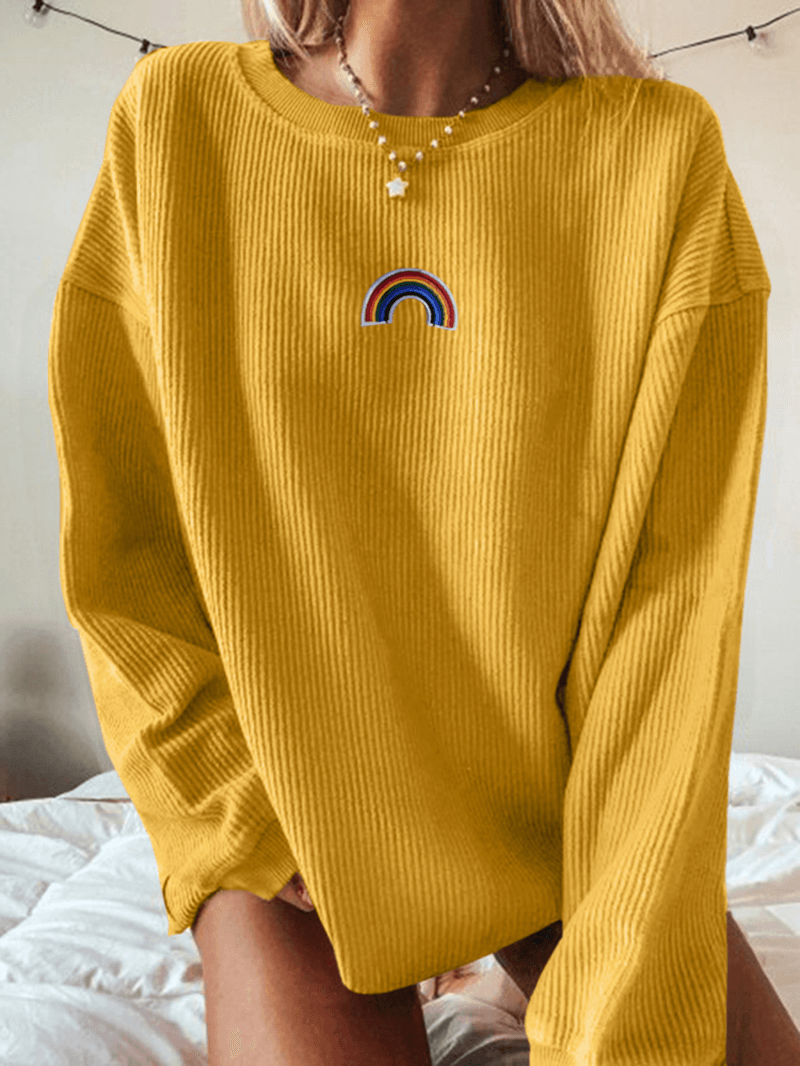 Women Corduroy Funny Pattern Embroidery Collegiate Loose Casual Solid Sweatshirt - MRSLM