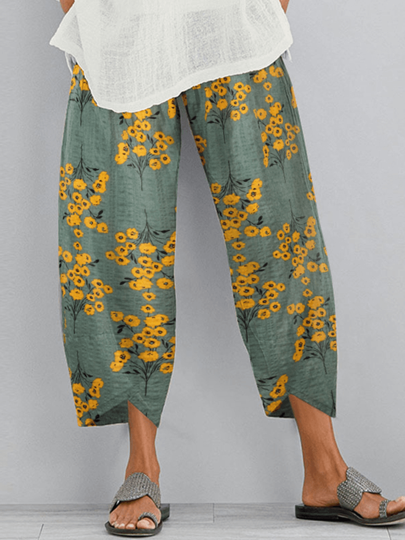Floral Print Elastic Waist Loose Side Pocket Causal Irregular Hem Pants - MRSLM