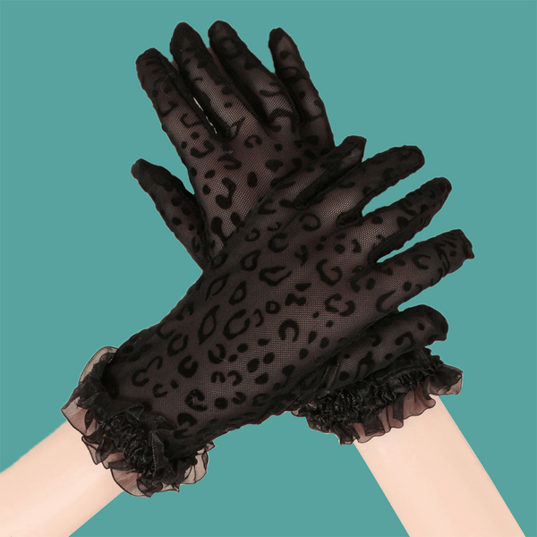 Women Polyester Cotton Lace Leopard Pattern Sunshade Breathable Short Full Finger Gloves - MRSLM