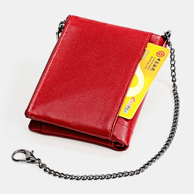 Men Genuine Leather RFID Double Zipper Retro Business Casual Style Multi-Pocket Solid Color Wallet with Chain - MRSLM