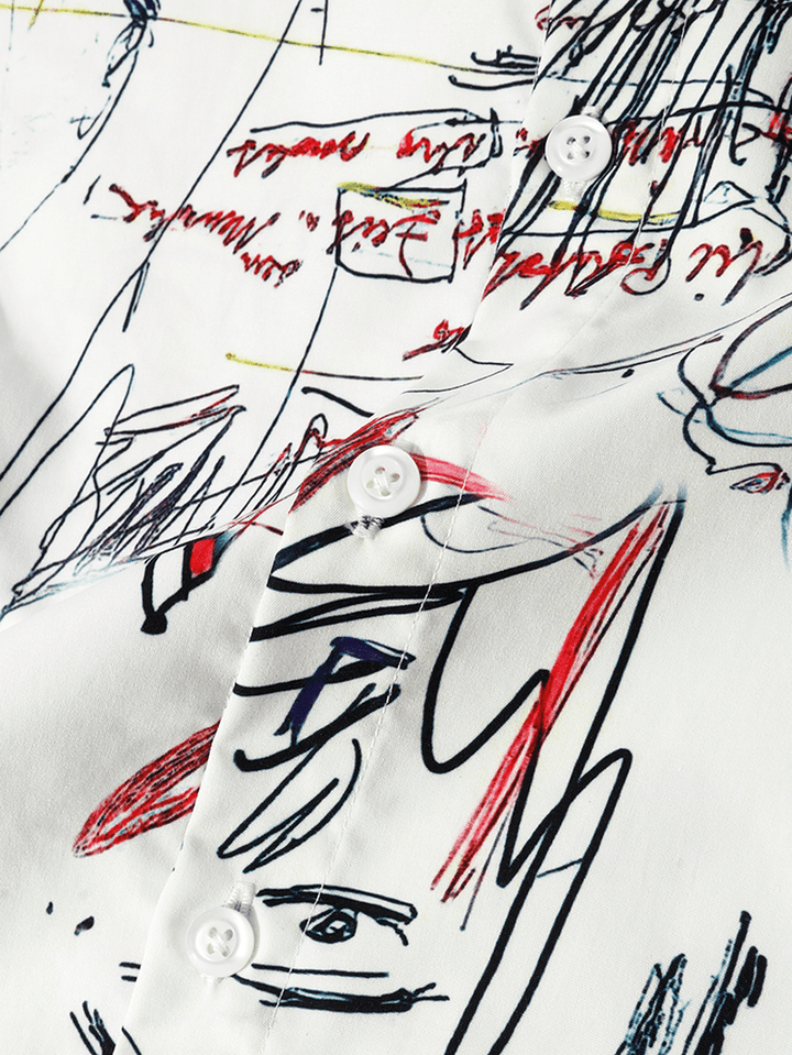 Mens Pattern Graffiti Printed Curve Bottom Lapel Casual Long Sleeve Shirts - MRSLM