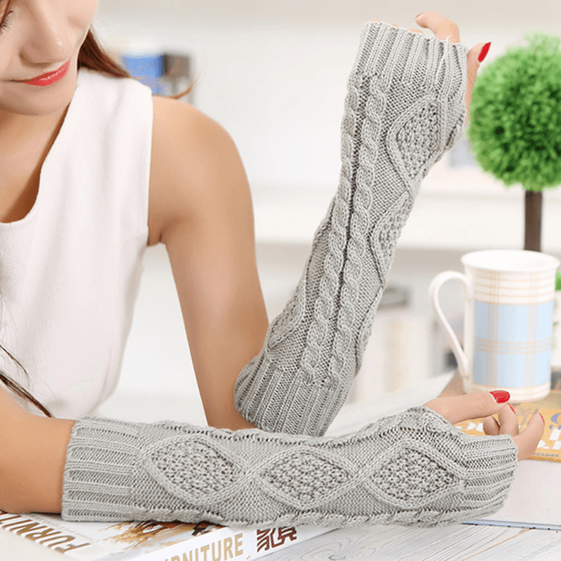 Women Winter Warm Knitting Fingerless Long Sleeve Gloves Casual Rhombic Pattern Gloves - MRSLM