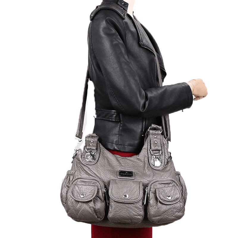 Women Casual PU Leather Multi-Pockets Shoulder Bag - MRSLM