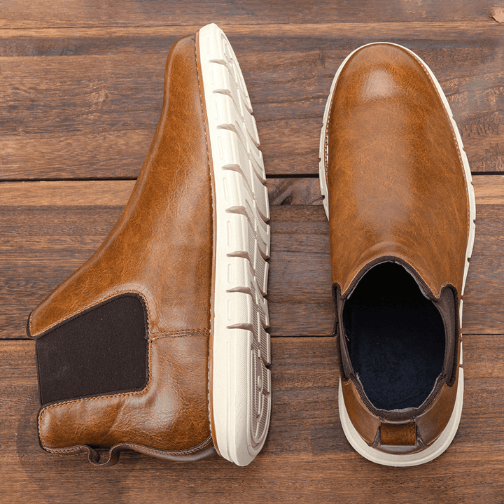 Men Leather Soft Sole round Toe Slip on Trendy Chelsea Casual Boots - MRSLM