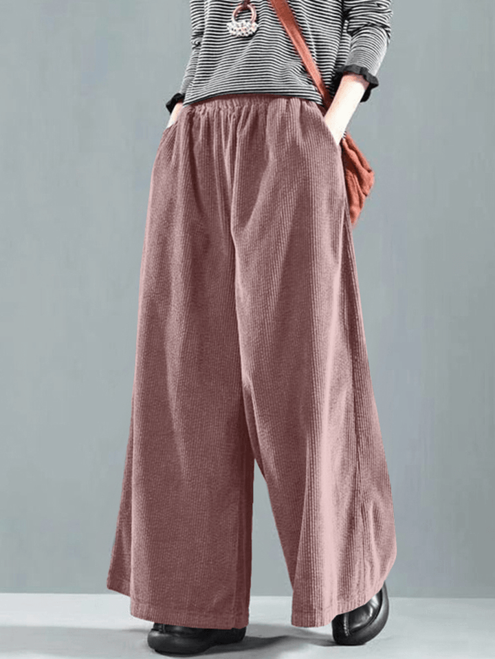 Women Wide Leg Corduroy Casual Solid Elastic Waist Loose Pants with Side Pocket - MRSLM