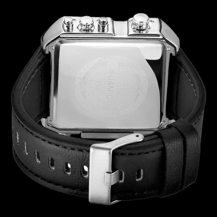 BOAMIGO F920 Fashion Men Digital Watch Creative Dial Week Month Display Chronograph 3 Time Zone Leather Strap Dual Display Watch - MRSLM