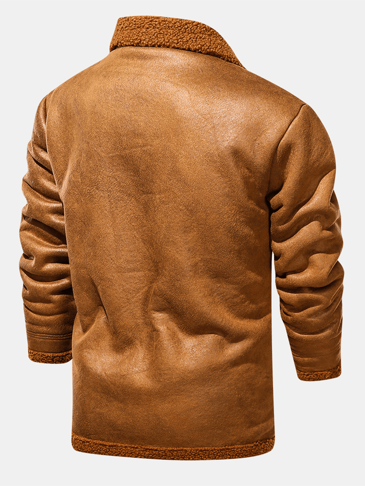 Mens Solid Color Warm Button up Fleece Lined Thicken PU Leather Jacket with Pocket - MRSLM