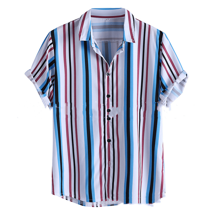 Men'S Lapel Print Striped Short Sleeve Shirt - MRSLM