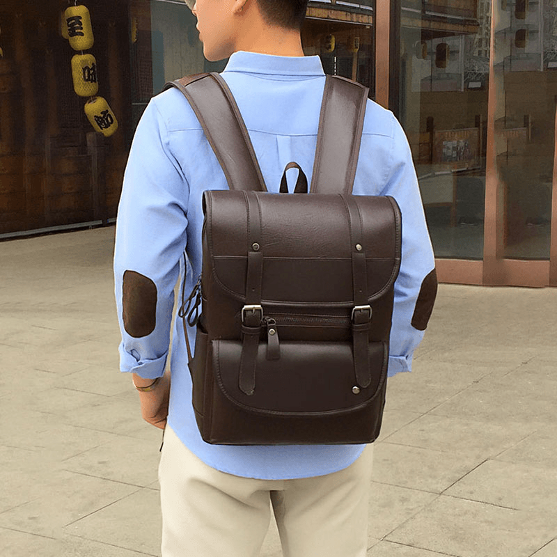 Men PU Leather Hasp Large Capacity Backpack Multi-Pocket Waterproof 15.6 Inch Laptop Bag Fashion Wild Travel Bag - MRSLM