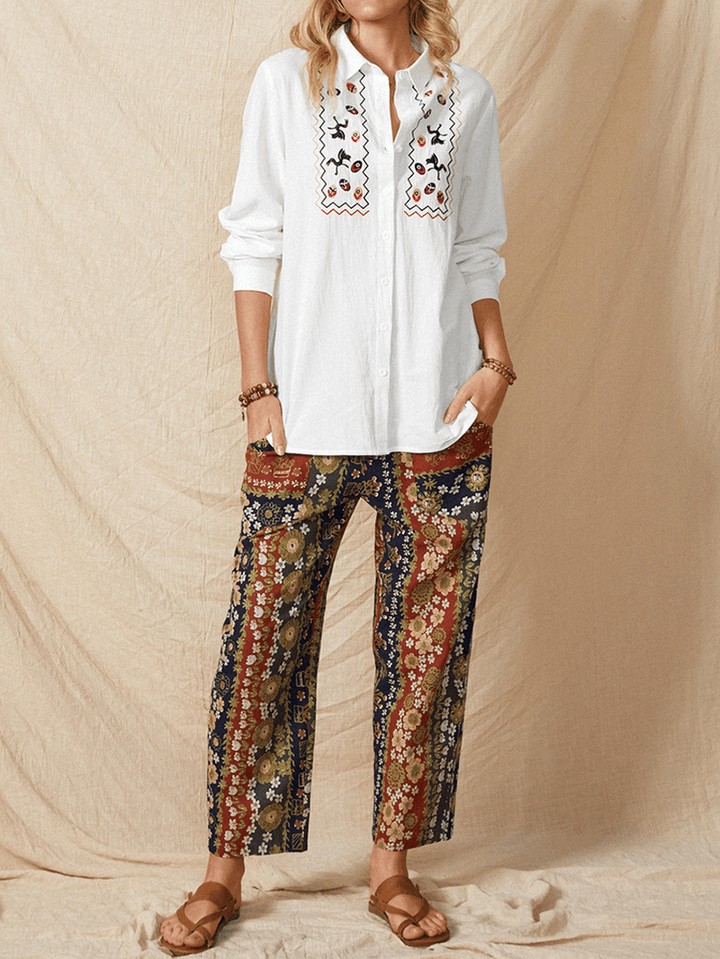 Women White Lapel Ethnic Embroidery Daily Casual Long Sleeve Shirts - MRSLM