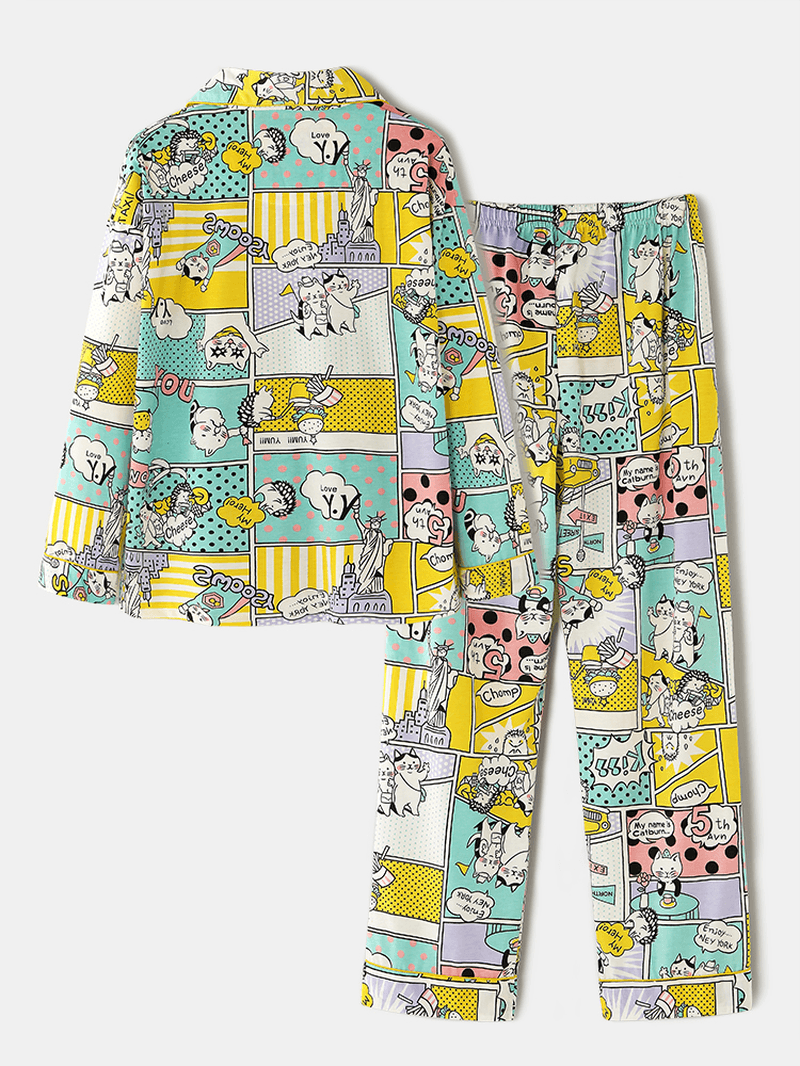 Women Cotton Comics Print Camp Collar Long Sleeve Elastic Waist Home Casual Pajama Sets - MRSLM