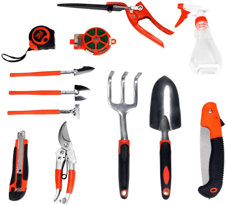 12PCS Heavy Duty Gardening Tools Set Ergonomic Hand Digging Weeder Rake Shovel Trowel with Storage Organizer - MRSLM