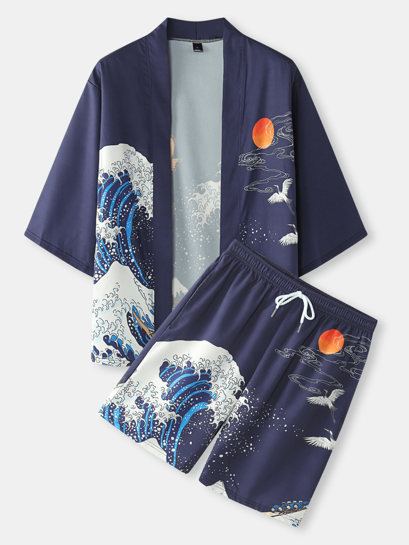 Mens Japanese Kimono Wave & Koi Ukiyoe Back Print Two Pieces Outfits - MRSLM