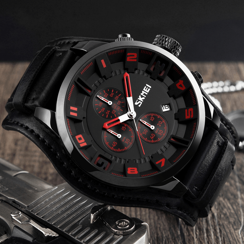 SKMEI 9165 Business Style Date Display Men Wrist Watch Leather Strap Quartz Watches - MRSLM