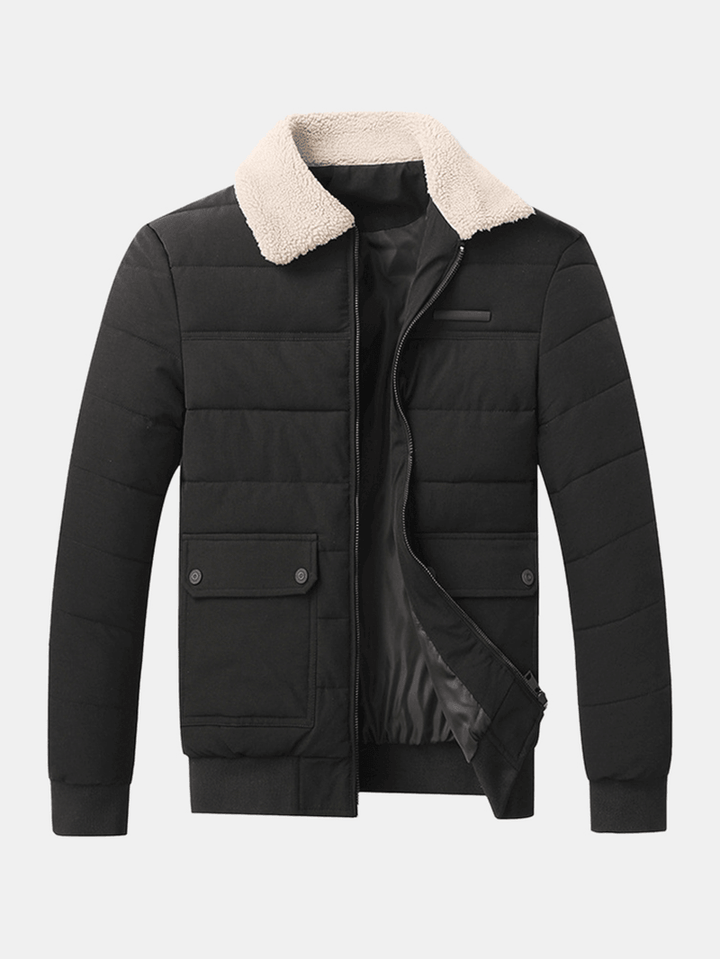 Mens Quilted Sherpa Lapel Collar Zip Front Thick Jacket with Flap Pocket - MRSLM