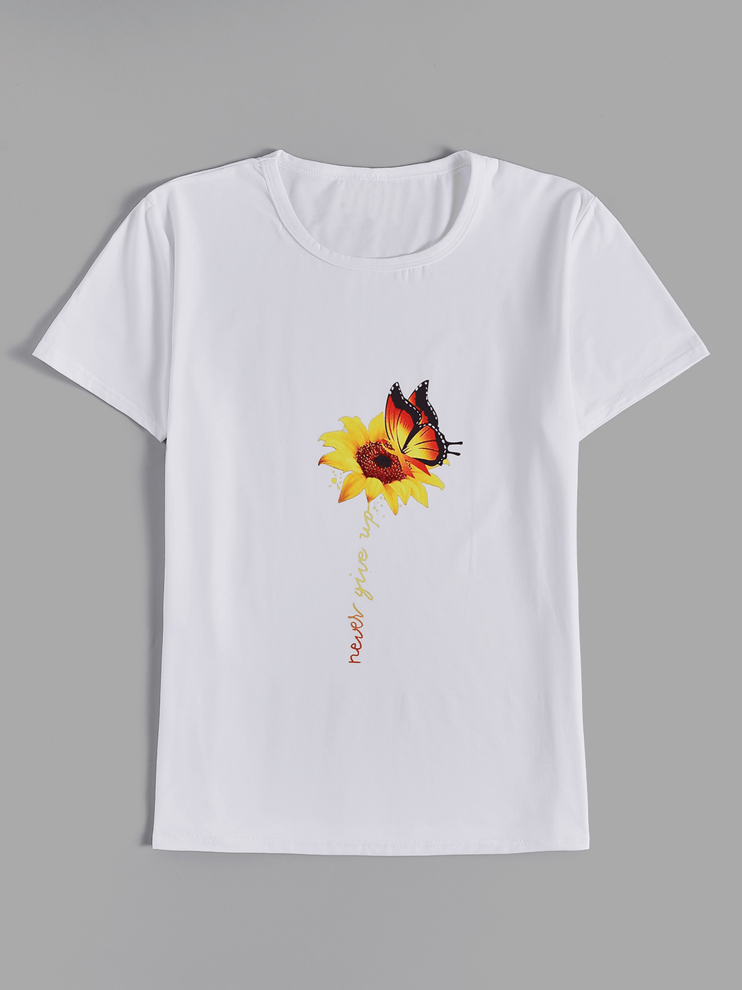 Sunflower and Butterfly Print Crew Neck Short Sleeves Casual Tee - MRSLM