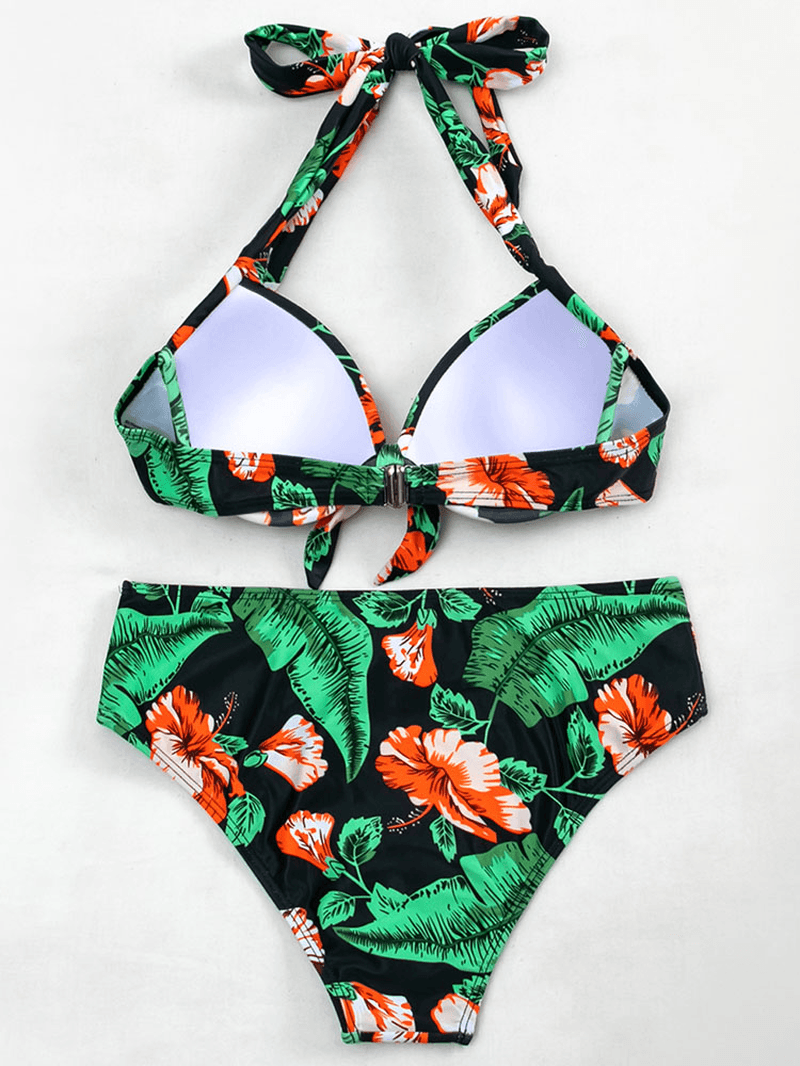 Hawaii Style Plant Flower Print Underwire Tie Halter Bikinis Swimsuit - MRSLM