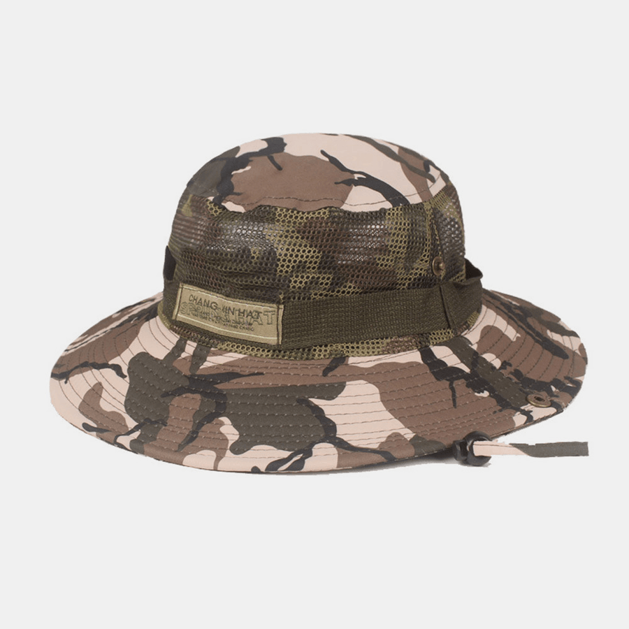 Men Camouflage Mesh Breathable Big Brim Outdoor Mountaineering Sunshade Bucket Hat - MRSLM