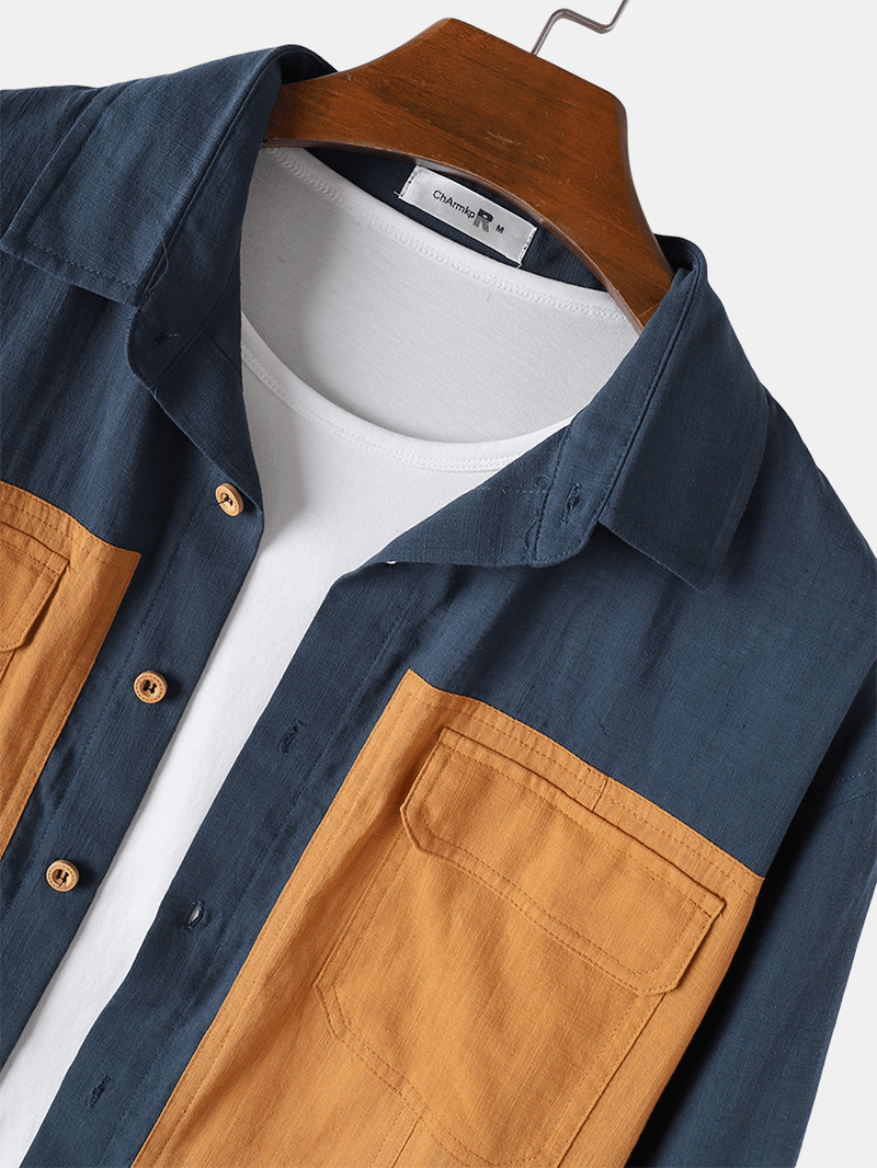 100%Cotton Mens Double Pocket Solid Patchwork Long Sleeve Design Shirts - MRSLM