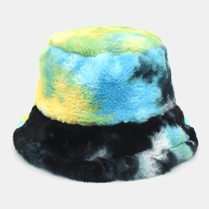 Unisex Faux Rabbit Fur Colorful Gradient Tie-Dye Bucket Hat Winter Thicken Warmth Windproof Fashion Sunshade Hat - MRSLM