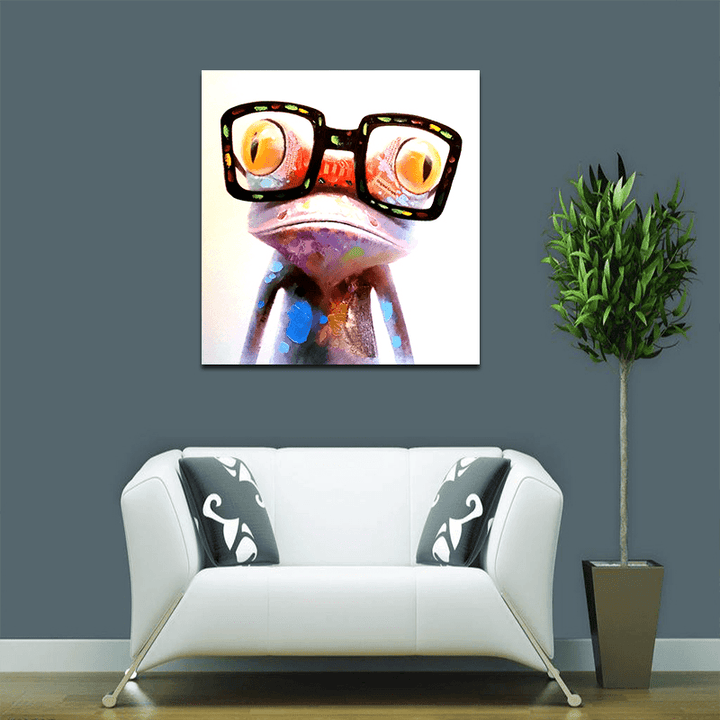 Miico Hand Painted Oil Paintings Animal Modern Art Happy Frog with Glasses on Canvas Wall Art for Home Decoration 20X20Cm - MRSLM