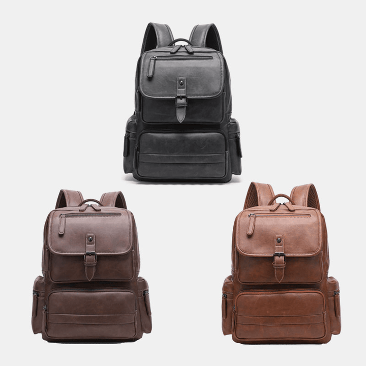 Men PU Leather Large Capacity Multi-Pocket Vintage 14 Inch Laptop Bag Backpack - MRSLM