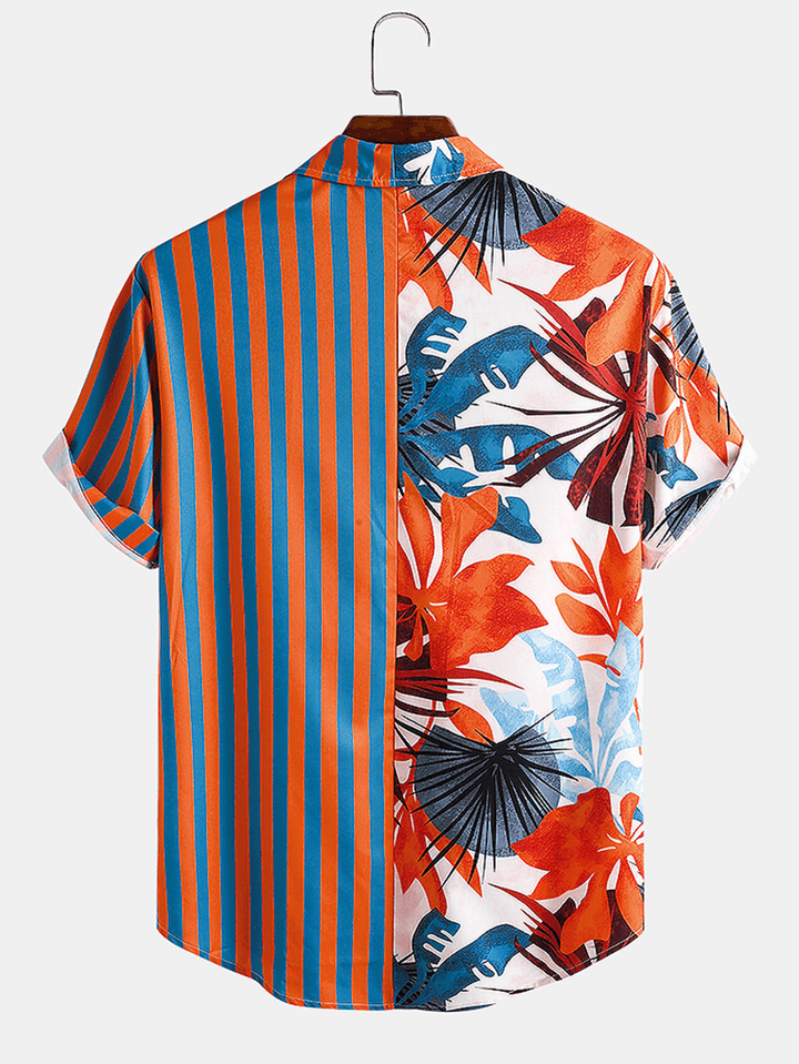 Men Tropical Leaf Colorful Stripe Mixed Print Short Sleeve Casual Holiday Shirts - MRSLM