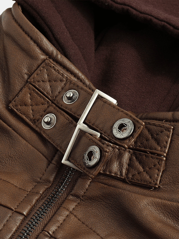 Mens Solid Color Multi Pocket Zipper PU Leather Removable Hooded Jackets - MRSLM