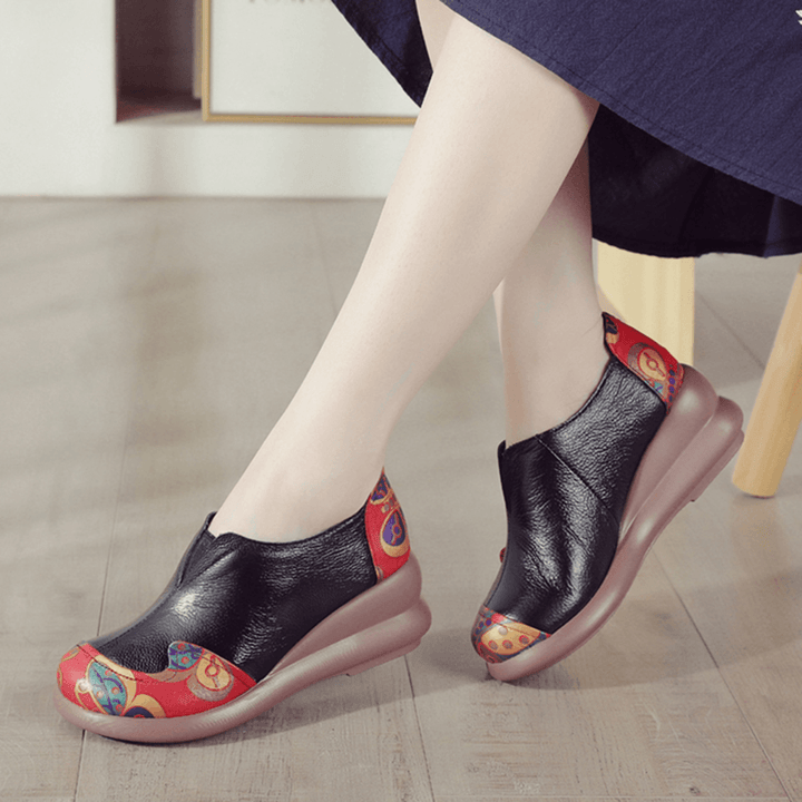 Women Retro Ethnic Floral Pattern Splicing Lightweight Slip Resistant Wedges - MRSLM