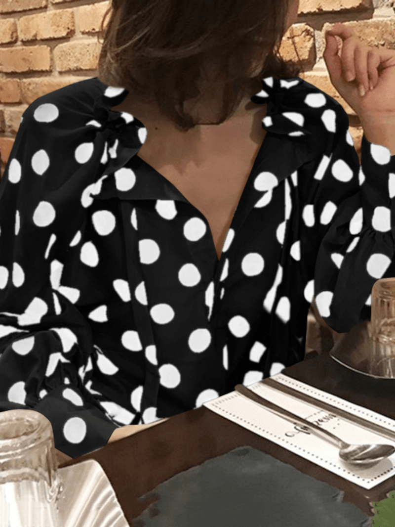 Polka Dots Printing Lantern Sleeve Neckline Bow Tie Casual Blouse for Women - MRSLM