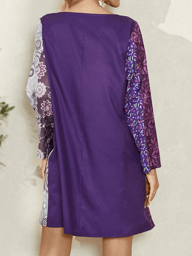Women Ethnic Style Print Colorblock Long Sleeve Mini Dress with Pocket - MRSLM