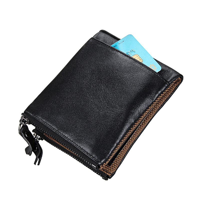 Men RFID Genuine Leather Short Double Zipper Wallet - MRSLM