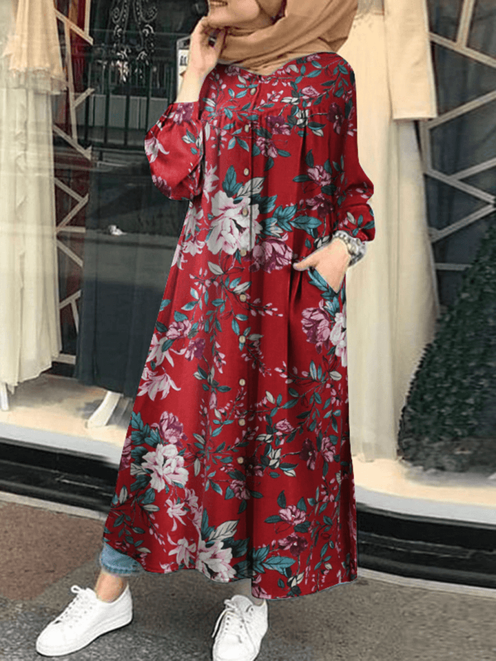 Women 100% Cotton Floral Print Mid-Calf Length Kaftan Maxi Dresses with Side Pocket - MRSLM