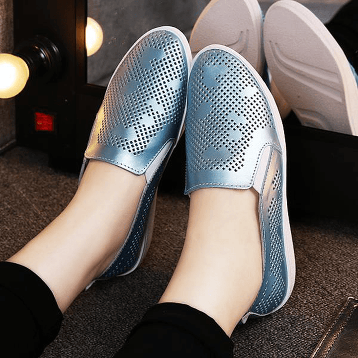 Women Casual Breathable Loafers Hollow Out Slip-On Soft Sole Flat Shoes - MRSLM