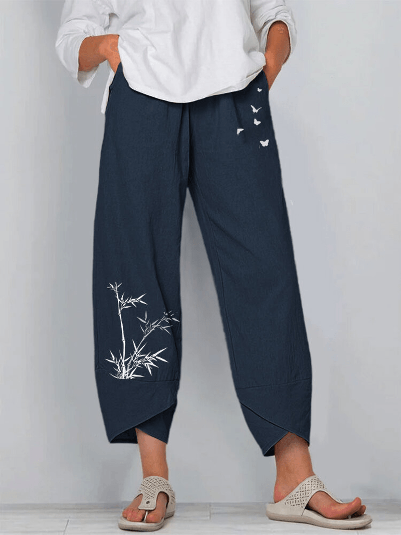 Bamboo Butterfly Print Elastic Waist Loose Irregular Hem Casual Pants for Women - MRSLM