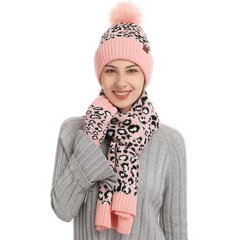 Winter Leopard Print Warm Knitted Wool Hat Scarf Gloves Three Piece Set - MRSLM