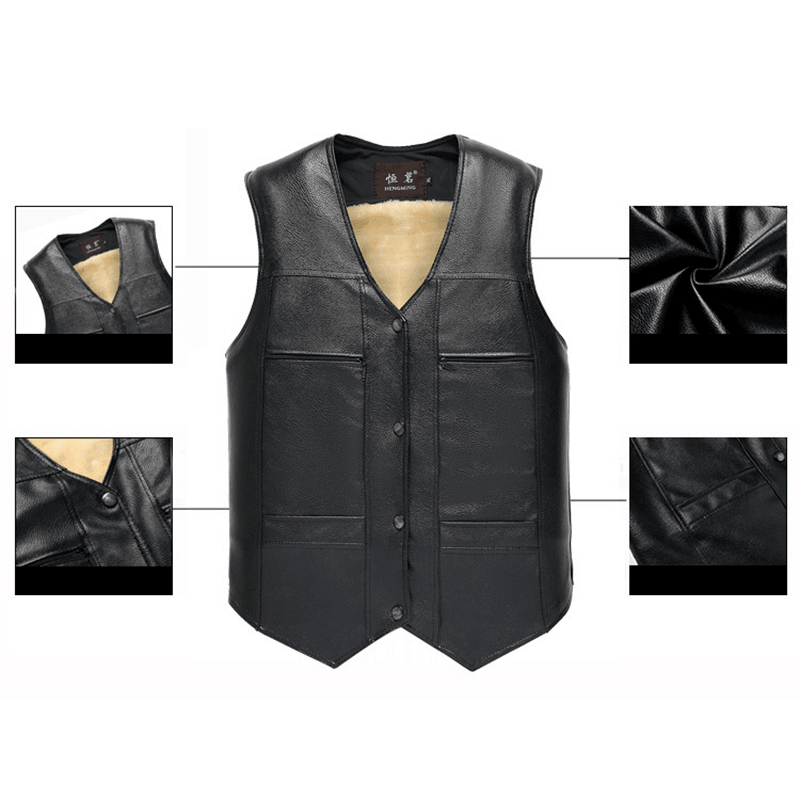 Mens Fleece Liner Winter Warm Black Faux Leather Vest Business Casual Sleeveless Waistcoat - MRSLM