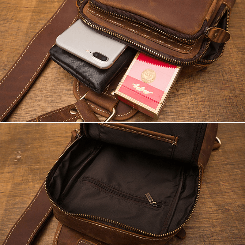 Ekphero Men PU Leather Multi-Pocket Chest Bag Retro Large Capacity Anti-Theft Crossbody Shoulder Bags - MRSLM