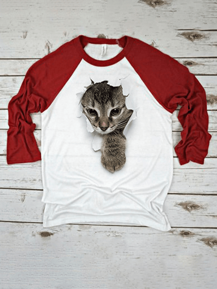 Women 3D Cat Chest Print Patchwork Raglan Sleeve round Neck Causal T-Shirt - MRSLM
